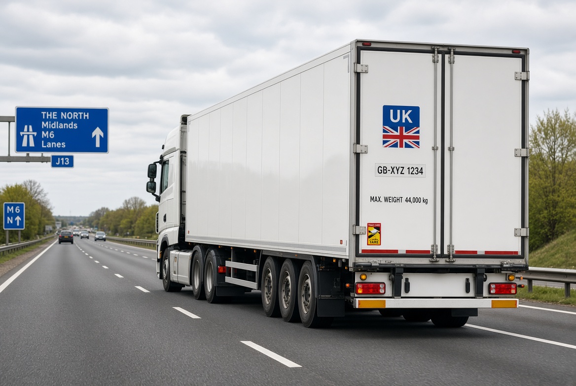 Articulated truck and trailer on UK motorway