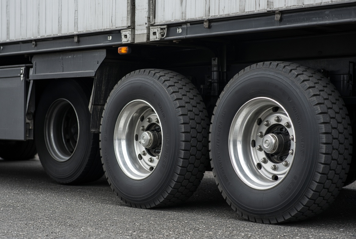 Dual HGV trailer truck tyres close-up