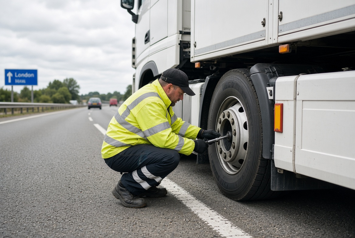 Mobile fitter changing HGV truck tyre on motorway